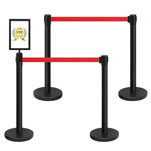 Ferraycle 4 Set Stainless Steel Stanchions with Retractable Belts and with One Sign Frame, 35.4'' Crowd Control Barriers Stands 6.6 ft Red Rope, Safety Stanchion Post Set Line Divider, Easy Assemble