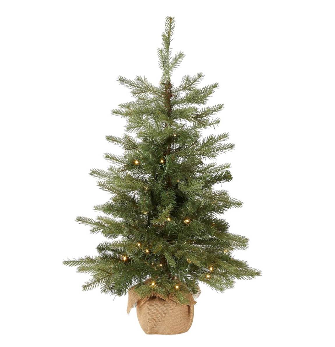 Somikis 3ft Pre-Lit Premium Artificial Mini Christmas Tree with 85 LED Lights and Realistic Nordic Spruce, Solid Cement Burlap Base Basin, for Xmas Home, Office, Tabletop, Party Decoration