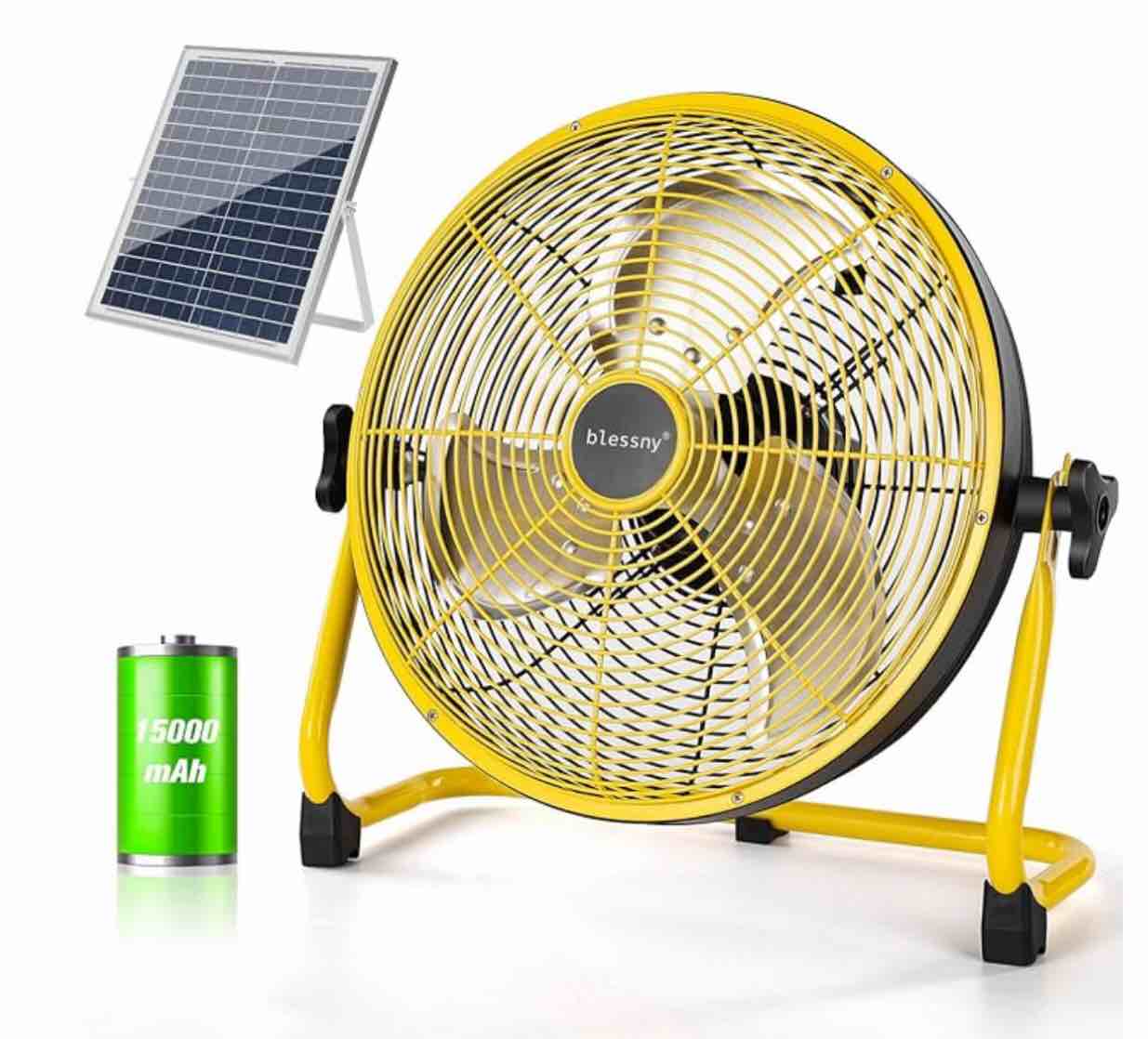 blessny 14" Battery Operated Fan with 20W Solar Powered, 15000 mAh Rechargeable Floor Fan for Outdoor Camping, All Metal Sturdy Portable Fan with 5-30 Hours Running Time, 40dB Quiet Operation