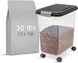 IRIS USA Airtight Dog Food Storage Container, Up to 30 lbs, Attachable Wheels, for Dog Cat Bird and other Pet Food Storage Bin, Keep Fresh, Easy Mobility, BPA Free, Black