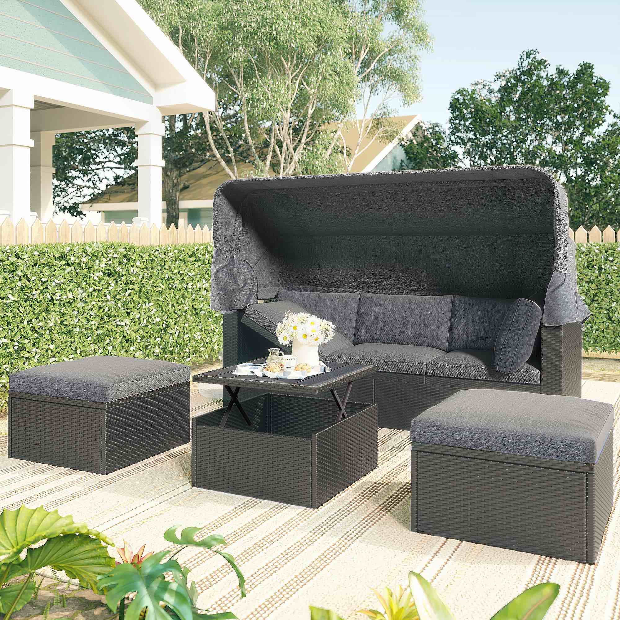4 Piece Outdoor Rattan Daybed Sunbed Furniture with Retractable Canopy and Seperate Seating Lifting Table,Convetile Sectional Sofa Set w/Washable Cushions for Backyard,Porch,Blue, Brown