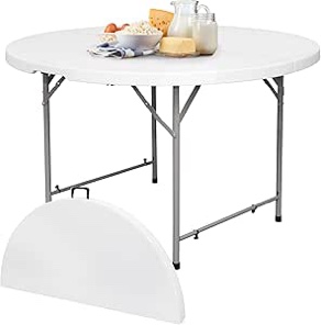 Flash Furniture Freeman 4' Round Plastic Folding Event Table with Carrying Handle, Bi-Fold Portable Banquet Table for Indoor/Outdoor Events, White
