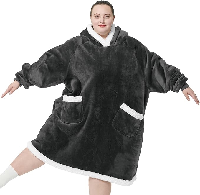 Bedsure Oversized Wearable Blanket Hoodie Men - Sherpa Fleece Giant Hoodie Blanket for Men as A Gift, Big & Warm Blanket Sweatshirt with Giant Pocket both Indoors and Outdoors (Oversized, Black)