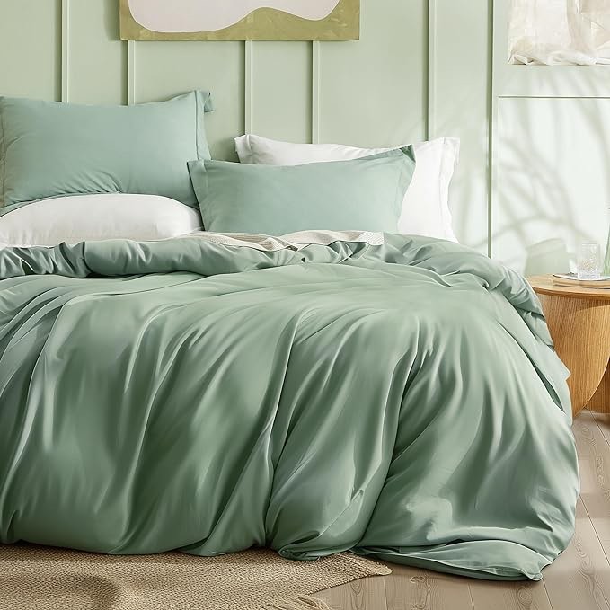 Bedsure Sage Green Duvet Cover Full Size - Polyester & Rayon Derived from Bamboo Full Duvet Cover Set, 3 Pieces, 1 Zipper Closure Duvet Cover (80"x90") & 2 Pillow Shams, Comforter Sold Separately