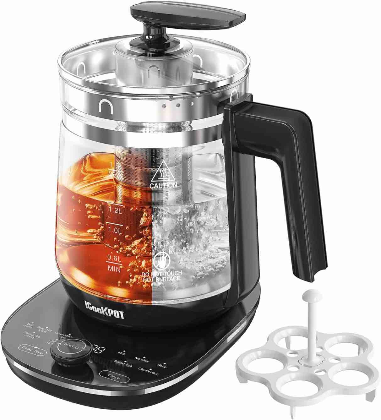 ICOOKPOT Hot Tea Maker Glass Electric Kettle with Tea Infuser and Temperature Control,1.5L Stainless Steel Tea Maker & 1200W Rapid Boiling,Programmable Control for your Favorite Teas and Coffee,Black