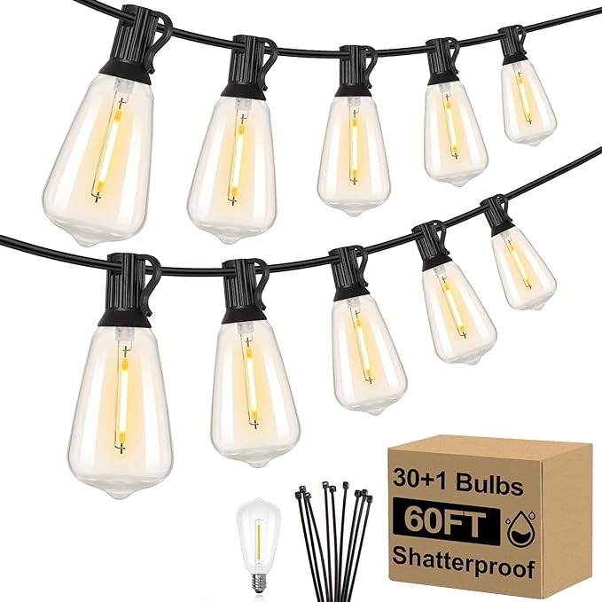 60FT LED Outdoor String Lights Waterproof, Patio Lights with 31 Shatterproof ST38 Edison Bulbs