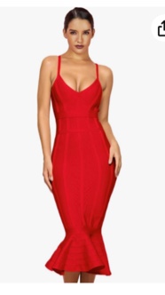 Maketina Women's Mermaid Spaghetti Strap V Neck Bodycon Midi Cocktail Bandage Dress Red?order One Size Up? Small