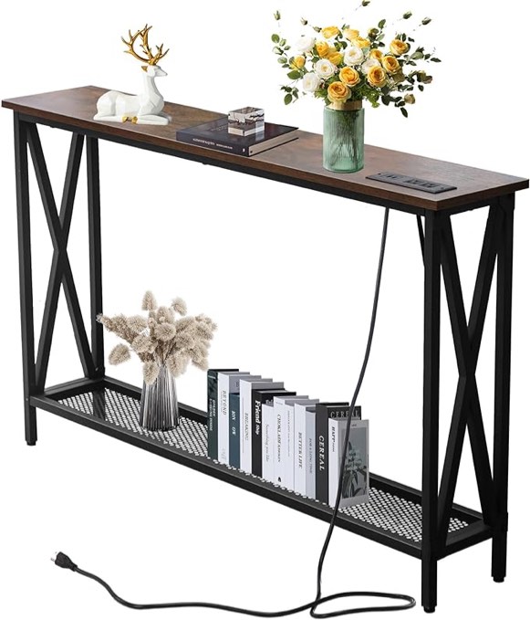 Forevich Console Table Sofa Entryway Couch Table with USB Power Outlet for Living Room Hallway Mesh Shelf 47 Inch Rustic Brown