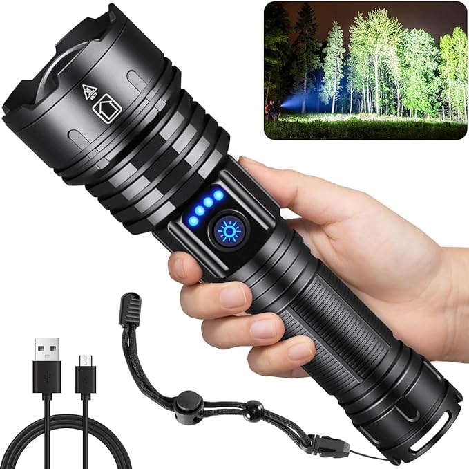 Flashlights High Lumens Rechargeable, 150000 Lumens Super Bright Led Flashlight, Flash Light with 5 Modes, IPX6 Waterproof, Handheld Powerful Flash Light for hu?ting, Camping, Emergencies