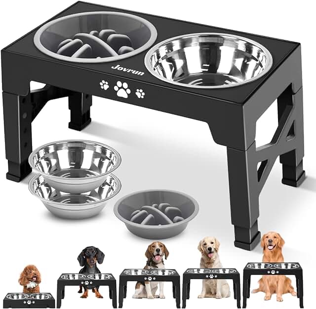 Jovrun Elevated Dog Bowls, Dog Feeder with 2 Stainless Steel Bowls &1 Slow Feeder Dog Bowls, 5 Heights Adjustable Raised Dog Bowls Stand for Small Medium Large Dogs, Dog Food Bowls with Non-Slip Feet