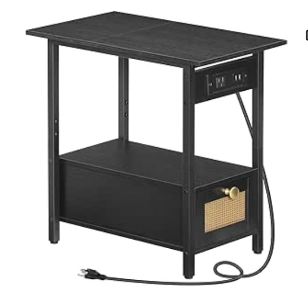 HOOBRO End Table with Charging Station, Narrow Side Table with Drawer and USB Ports & Power Outlets, Nightstand Bedside Tables for Small Spaces, Bedroom, Living Room, Black BB37UBZ01