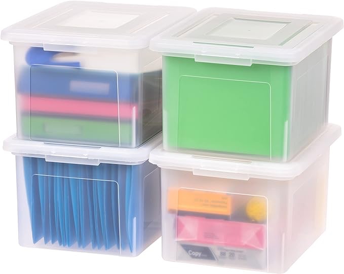 IRIS USA Plastic File Box Organizer with Secure Durable Latching Lid and File Rails, Letter & Legal Size, Nestable and Stackable, 4 Pack, Clear