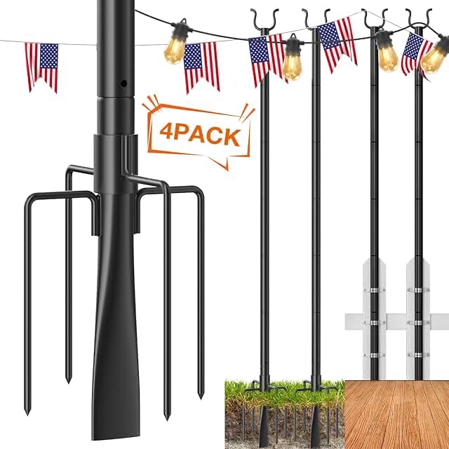 SHAPPON String Light Poles for Outside, Outdoor Patio Light Poles 2 Pack with 3 Hooks and Fence Brackets, 9ft Metal Poles, Garden & Backyard Lighting Stand for Parties and Weddings (Black1)