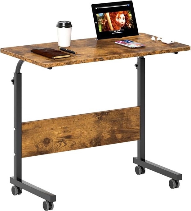 Rolling Laptop Stands Desk Cart Height Adjustable, 31.5 inches Mobile Sofa Side Table with Tablet Slot, Portable Standing Laptop Table, Small C Table for Couch Bed Sofa, Rustic Brown