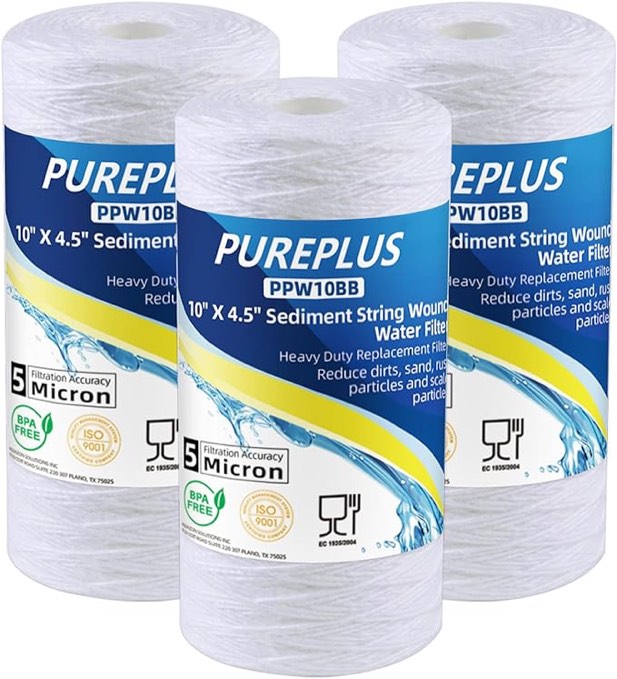 5 Micron 4.5" x 10" Whole House String Wound Sediment Filter for Well Water, Replacement Cartridge for 84637, WPX5BB97P, PC10, 355214-45, 355215-45, WP10BB97P, WP5BB97P, 3Pack