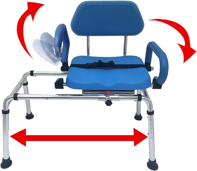 showerwheele chair Carousel Sliding Shower Chair Tub Transfer Bench with Swivel Seat, Premium Padded Bath, with Pivoting Arms, Adjustable Space Saving Design for Tubs, Inside Shower, for Handicap & Seniors, Blue