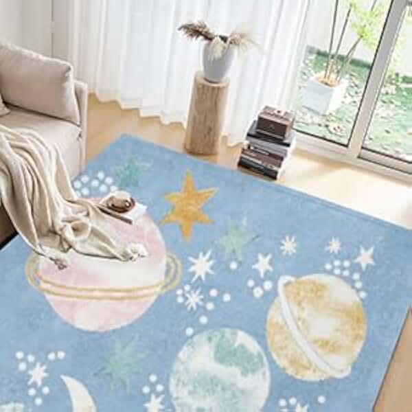 Planet print coral pile rug with non-slip backing on reverse side of floor mat,Large solid color bedroom rug Suitable for Living Room,Bedroom Yoga Mat,Baby Crawling Mat,60"x80"