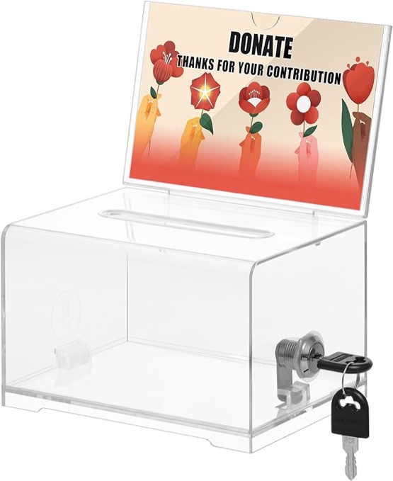 Kigley 1 Pack Acrylic Donation Box with Lock and Sign Clear Ballot Box with Slot Suggestion Box Donation Boxes for Fundraising Raffle Box Business Card Storage Container for Voting Tip Jar
