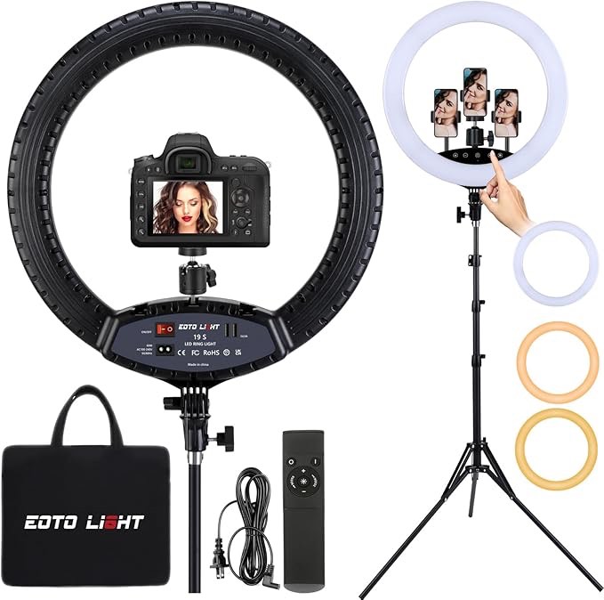 19 inch LED Ring Light LCD Display Touch Screen with Tripod Stand Dimmable Makeup Selfie Ring Light for Studio Portrait YouTube Vlog Video Shooting with Carrying Bag and Remote Controller, CRI>90