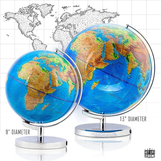 Illuminated Globe of the World with Stand - 13 Inch Tall 3in1 World Globe, Constellation Globe Night Light, and Globe Lamp with Built-In LED, Easy to Read Texts, and Non-Tip Base