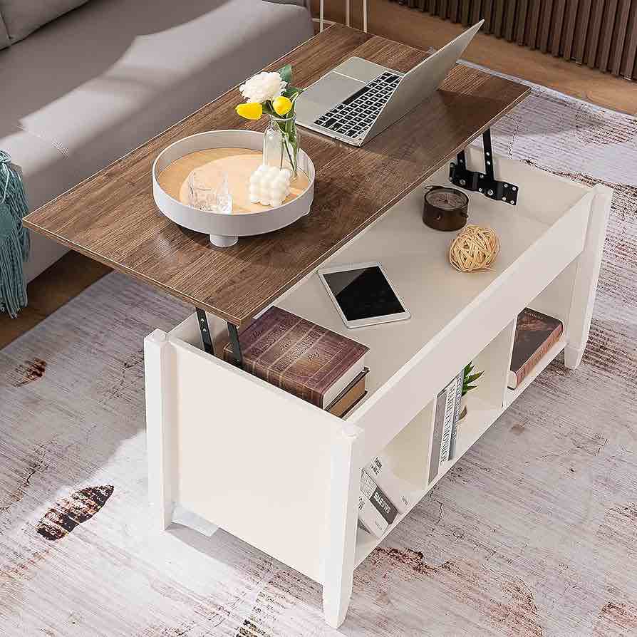 VINGLI Lift Top Coffee Table, White Coffee Table with Lift Top, Lift Up Coffee Table with Storage Shelf/Hidden Compartment, Gas Lift Coffee Table Mesa De Centro para Sala Pop Up Coffee Table