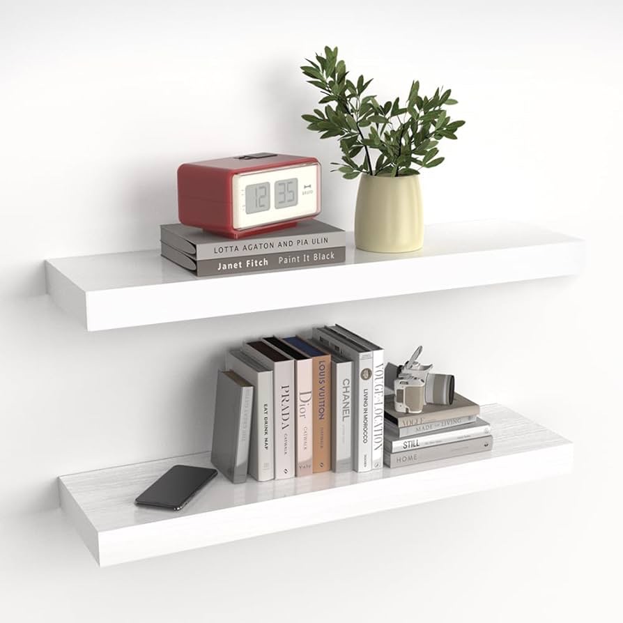 Habudda Floating Shelves for Wall, Natural Wood Shelf, 30 inch Long, White Wooden Rustic Decor for Bathroom Kitchen Bedroom, Hanging Mounted Invisible Bracket?Set of 2