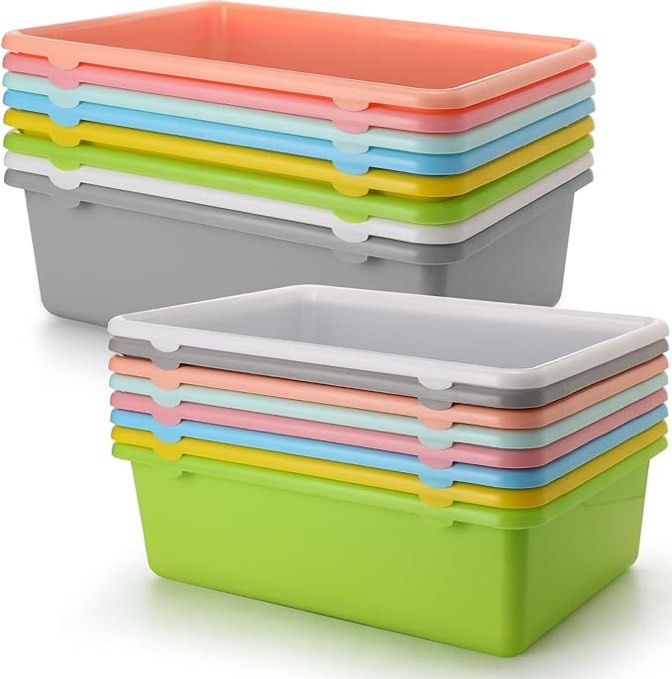 Dandat 16 Pcs Cubby Bins Books Bins for Classroom Plastic Toys Bins Multi Purpose Storage Tubs 8 Assorted Colors Storage Containers for Office Home Playroom Books Organizer(15.35 x 11.8 x 5.12 Inch)