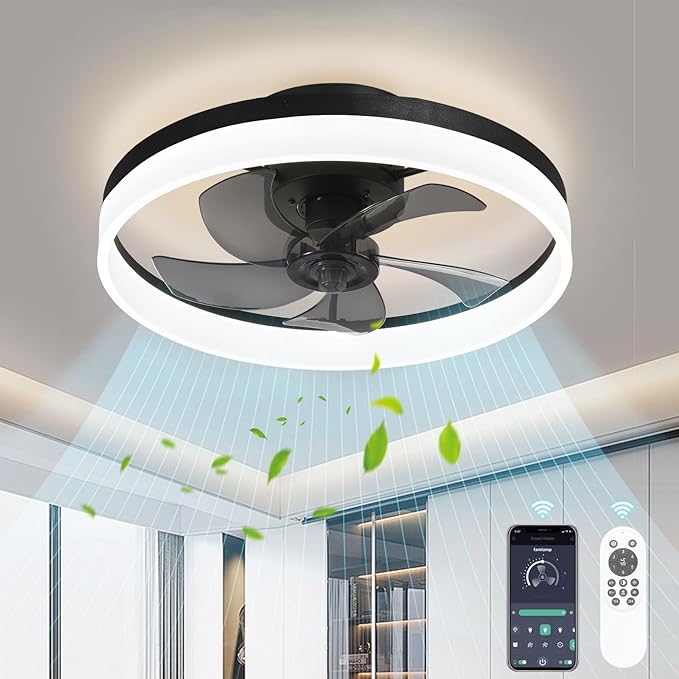 LUDOMIDE Ceiling Fans with Lights, Flush Mount Ceiling Fan with Lights and Remote, 6 Wind Speeds Smart Low Profile Ceiling Fan for Bedroom, Kids Room and Living Room 20" (Black)