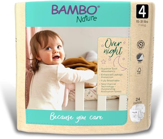 Bambo Nature Overnight Baby Diapers (Sizes 3 TO 6), Size 4, 24 Count