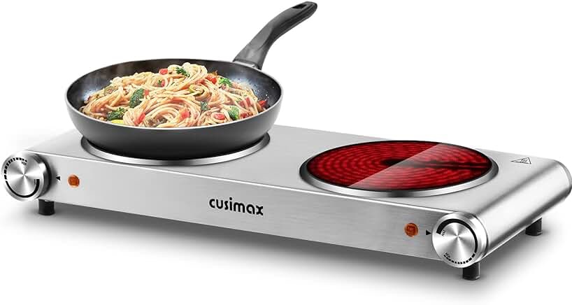 CUSIMAX Double Burner, Electric Hot Plates for cooking, 1800W Portable Infrared Burner, Electric Ceramic Burner, Countertop Cooktop, Stainless Steel Easy to Clean, Silver