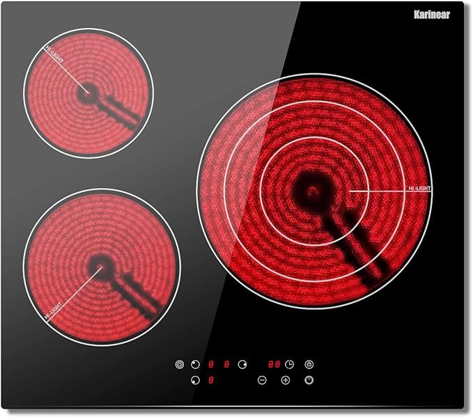 Karinear Electric Ceramic Cooktop, 24 Inch Electric Cooktop, 3 Burners Built-in Radiant Electric Stove Top with Timer, Child Safety Lock, Sensor Touch Control, 5700W 220-240V Hard Wire(NO PLUG)