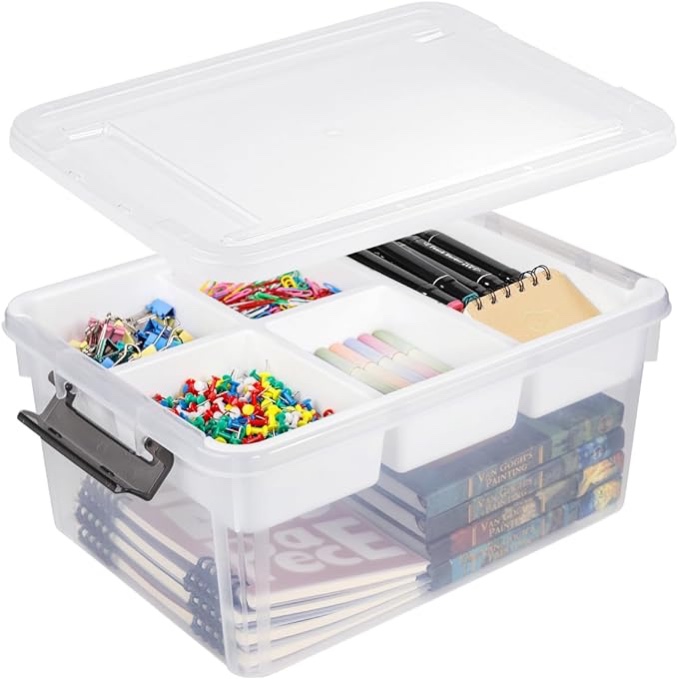 Citylife 17 QT Plastic Storage Bins with 6 Detachable Inserts Clear Storage Box with Lids Multipurpose Stackable Storage Containers for Organizing Tool, Craft, Lego, Crayon