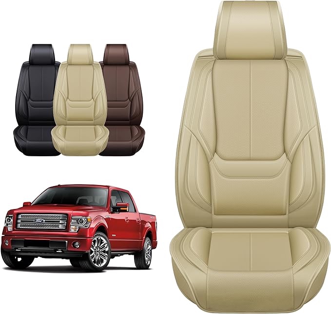 OASIS AUTO Ford F150 F250 F350 Accessories Seat Covers 2009-2025 Custom Fit Leather Truck Cover Protector F-150 F-250 F-350 Crew Double Super Extended Cab (Premium Full Set, Tan) FULL SET TAN
