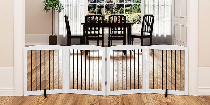 PUPETPO Freestanding Pet Gate for Dogs, Indoor Wooden Dog Gate for House, Foldable Dog Gate for Doorway, Stair, Step Over Pet Puppy Safety Fence Tall, 80 Inch Wide, 4 Panels 32",White 4 Panel 32" White & Black