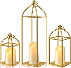 Sintuff 3 Sets Lantern Decorative Outdoor 19.7'' 13'' 10.2'' Modern Farmhouse Lantern Decor Open Frame Lantern Decorative with LED Lantern Lights for Home Indoor Outdoor Front Porch Garden (Black)