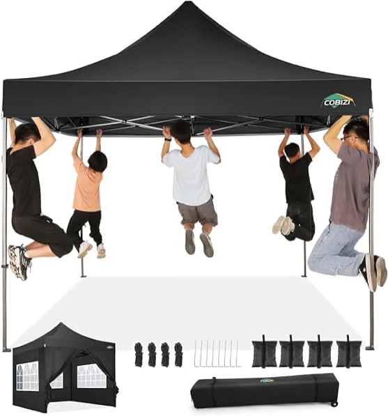 COBIZI 10x10 Pop Up Canopy Tent with 4 sidewalls Commercial Heavy Duty Canopy UPF 50+ All Weather Waterproof Outdoor Canopy Wedding Tents for Parties Gazebo with Roller Bag, Black (Windproof Upgraded)