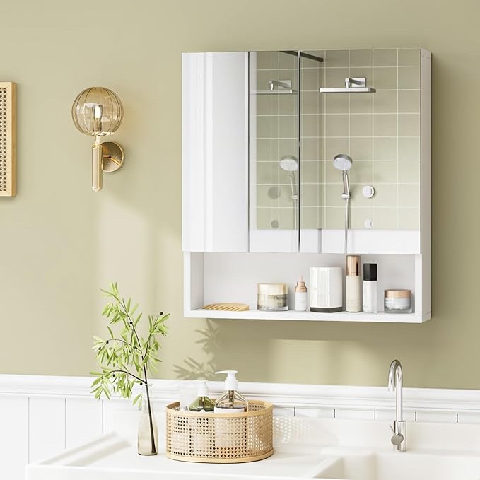 FOTOSOK Bathroom Wall Cabinet Medicine Cabinet, Wall Mounted Bathroom Mirror with Storage Mirror Cabinet with 2 Doors and Adjustable Shelf, Laundry Living Room, White