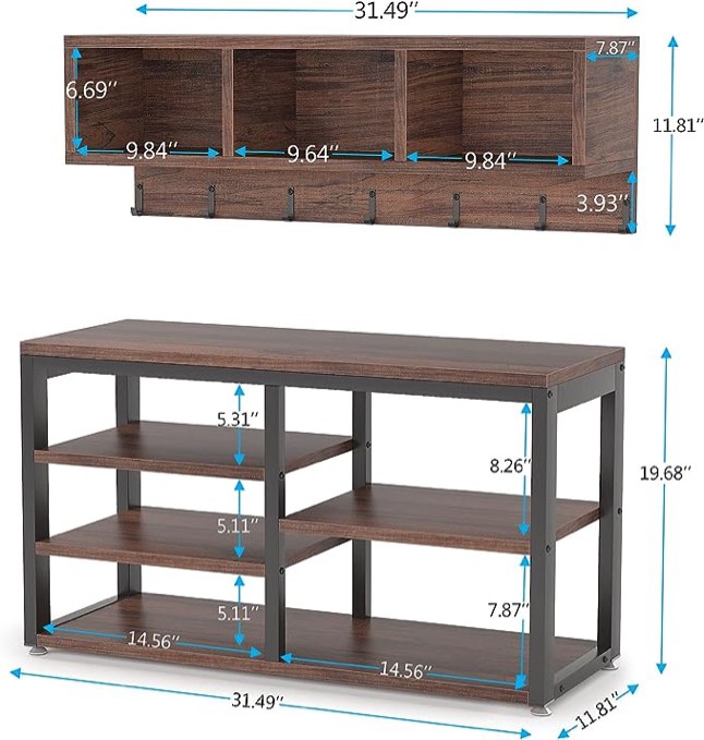 Tribesigns Coat Rack Shoe Bench Set, Hall Tree with Shoe Bench, Industrial Shoe Rack Bench with Coat Rack, 3 Storage Cubbies, 7 Hooks for Entryway, Hallway, 5-in-1Design, Vintage Grey