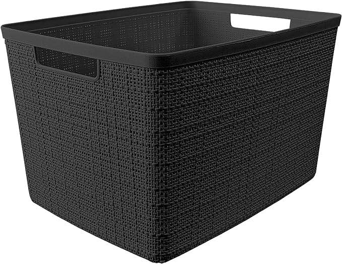 Curver Set of 6 Jute Medium Decorative Plastic Organization and Storage Baskets Perfect Bins for Home Office, Closet Shelves, Kitchen Pantry and All Bedroom Essentials, black