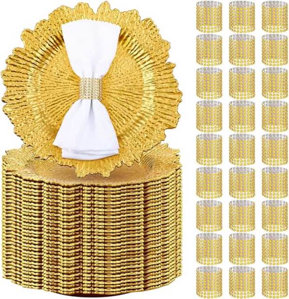 Nitial 200 Pcs Reef Charger Plates Set Bulk 100 Gold Plastic Plate Chargers and 100 Mesh Diamonds Napkin Rings 13" Round Wedding Charger Ruffled Rim Charger Set for Dinner Table Setting Wedding Party