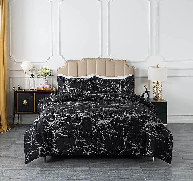 Black Marble Comforter Set King, 3 Pieces Modern Pattern Soft Microfiber Bedding Comforter Set, Down Alternative Comforters for All Season 90*90