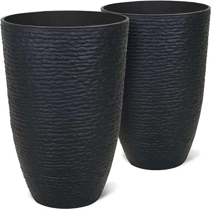 Worth Garden 21" H Tall Planters 2 Pack - 14'' Dia Resin Large Round Black Flower Pots for Outdoor Plants Trees - Imitation Stone Finish Plastic Indoor Front Porch Decorative Container Patio