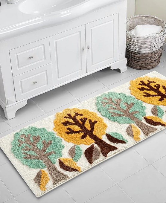 Cute Plant Botanical Bathroom Runner Rug Non Slip Washable 18''W x 47''L Spring Beige Boho Floral Nature Extra Long Bath Mat Rug Super Absorbent,Tufted Bathroom Shower Floor Runner Mat