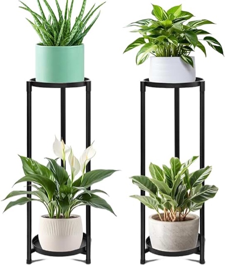 KHayRovies 2 Tier Tall Plant Stand Indoor, Black Corner Tiered Round Plant Stand for Outdoor Multiple Plants, Metal Flower Pot Stands Holders Plant Shelf Display Rack for Balcony Living Room Garden Patio