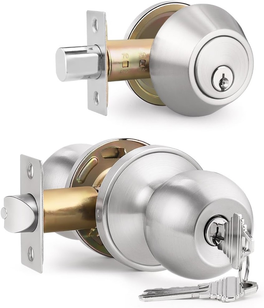 1 Pack Keyed Entry Door Knob and Single Cylinder Deadbolt Combination Set in Satin Nickel, Keyed Alike Exterior Knob Door Handle and Deadbolt Lock and Key, Round Locking Lever Handle Set