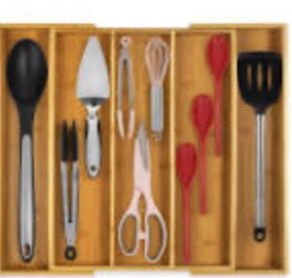 PURAWOOD - Large Premium Bamboo Silverware Organizer - Expandable Drawer Organizer & Utensil Organizer - 17.5"x19.75" Cutlery Tray with Dividers for Kitchen Utensils and Flatware (3-5 Slots) (Natural)