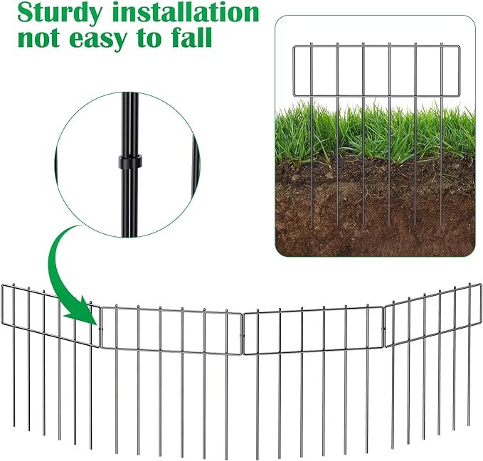 25 Pack Animal Barrier Fence - No Dig Garden Decorative Fence Rustproof Metal Wire Panel Border for Dog Rabbits Ground Stakes Defence and Outdoor Patio, T Shape. Total Length 17 in(H) X 27 Ft(L)