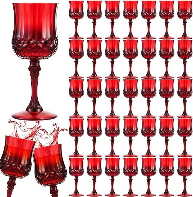 Pinkunn 50 Pcs Patterned Plastic Wine Glasses Colorful Goblet Champagne Flute Glasses Vintage Style Dishwasher Safe Drinking Glasses for Wedding, Reception, Grand Event Party Supplies (Red )