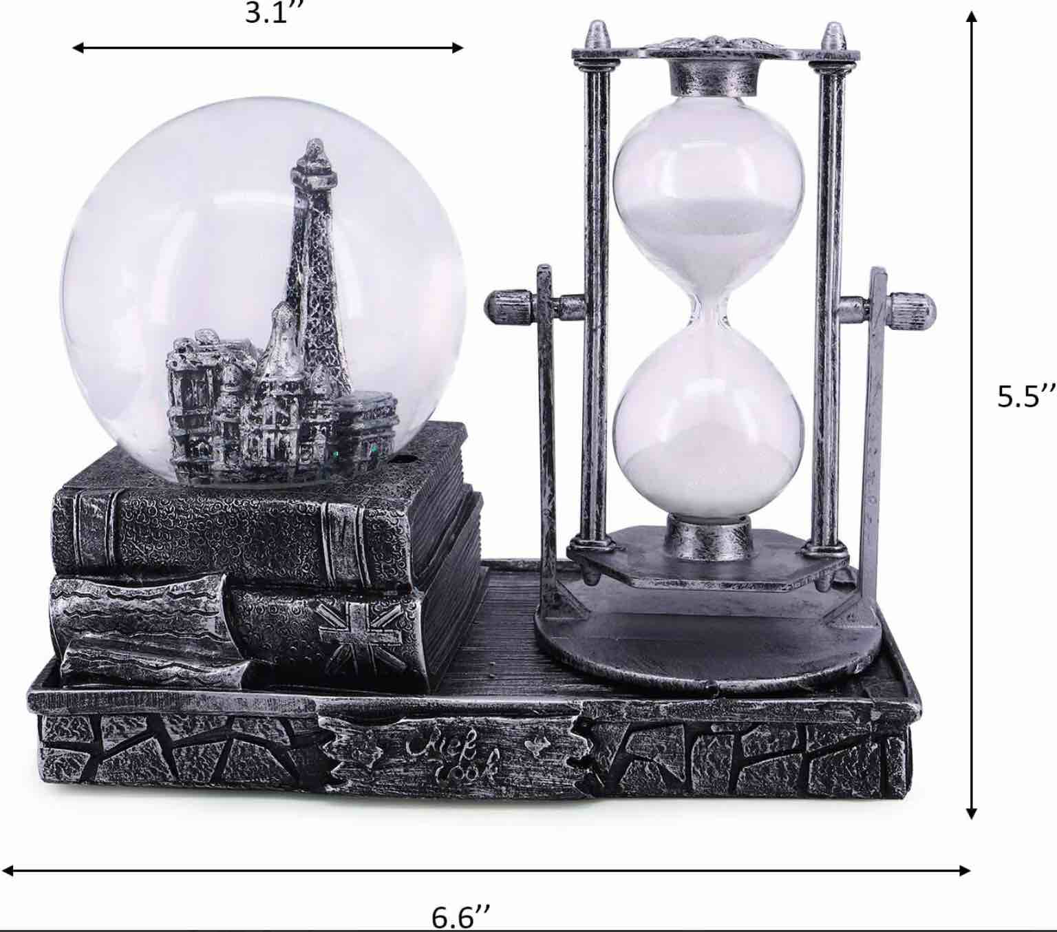 Paris Snow Musical Globe with Color Changing LED Lights, Eiffel Tower Snow Globe with Square Base, Retro Souvenirs Collection (Silver, Hourglass)