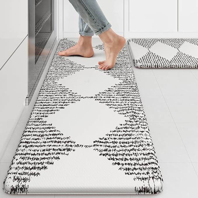black and white mat kitchen KIMODE Farmhouse Kitchen Mats 2PCS,Geometric Anti Fatigue Kitchen Mats for Floor,Non Slip Waterproof Kitchen Rugs and Mats for Kitchen Floor,Office,Sink,Laundry,Black and Beige